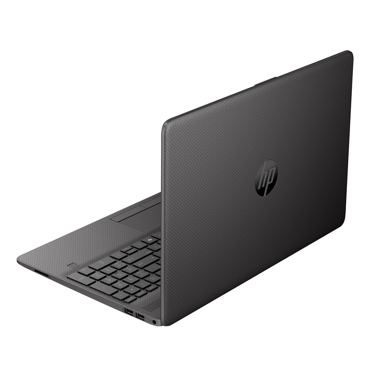 Un portátil HP abierto y oscuro que muestra el teclado y el touchpad sobre fondo blanco.