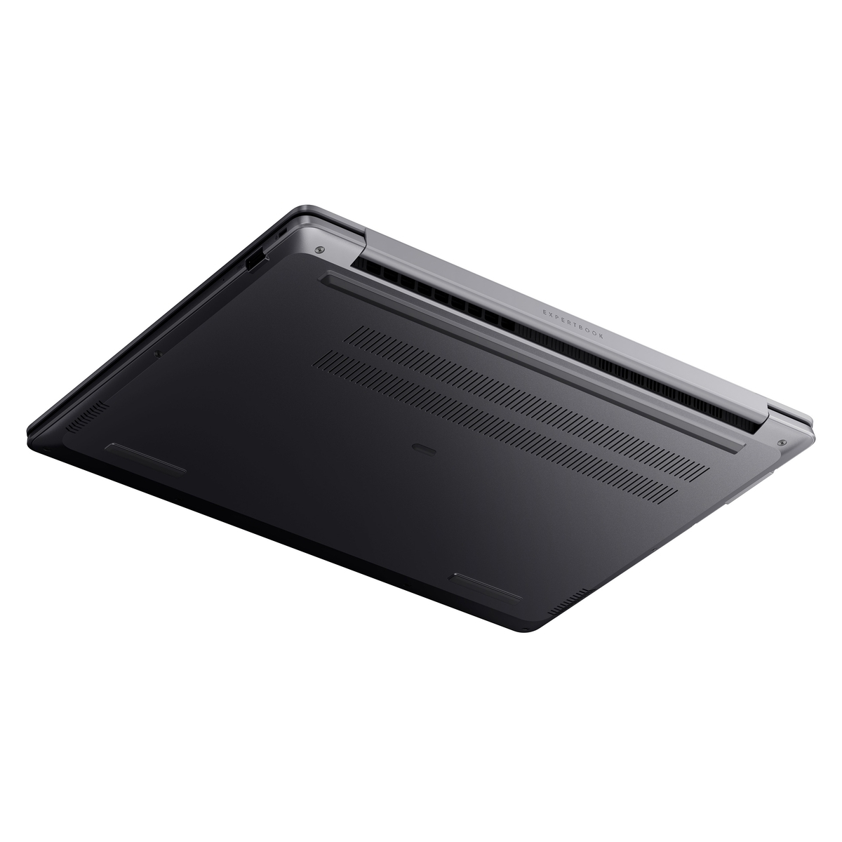 Parte inferior de un portátil cerrado con rejillas de ventilación y el logo EXPERTBOOK.