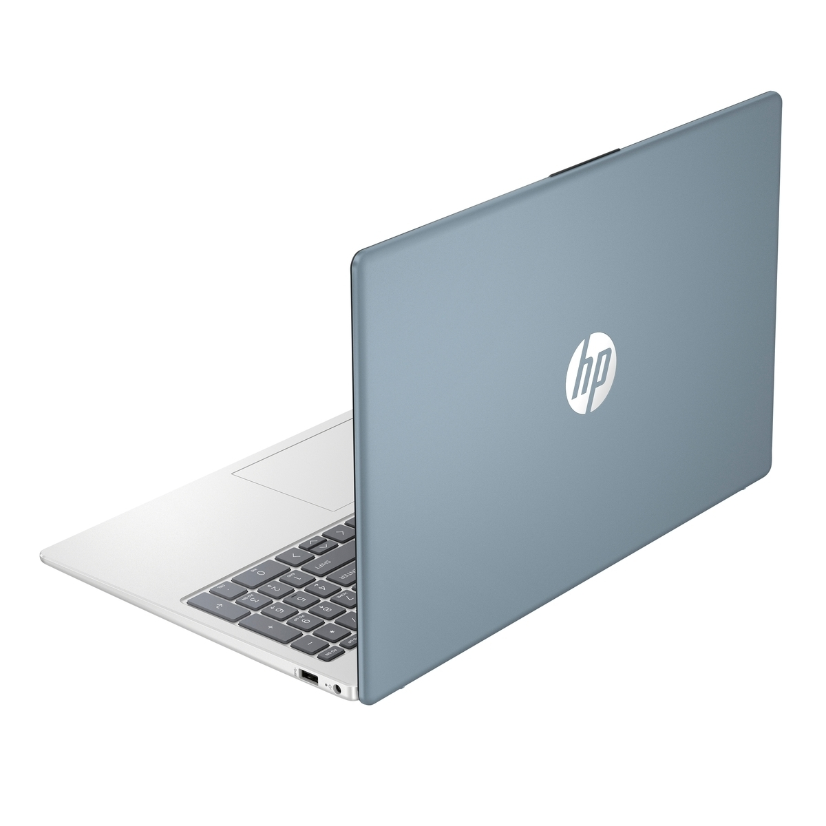 Un portátil HP azul con teclado y touchpad, visto desde atrás.
