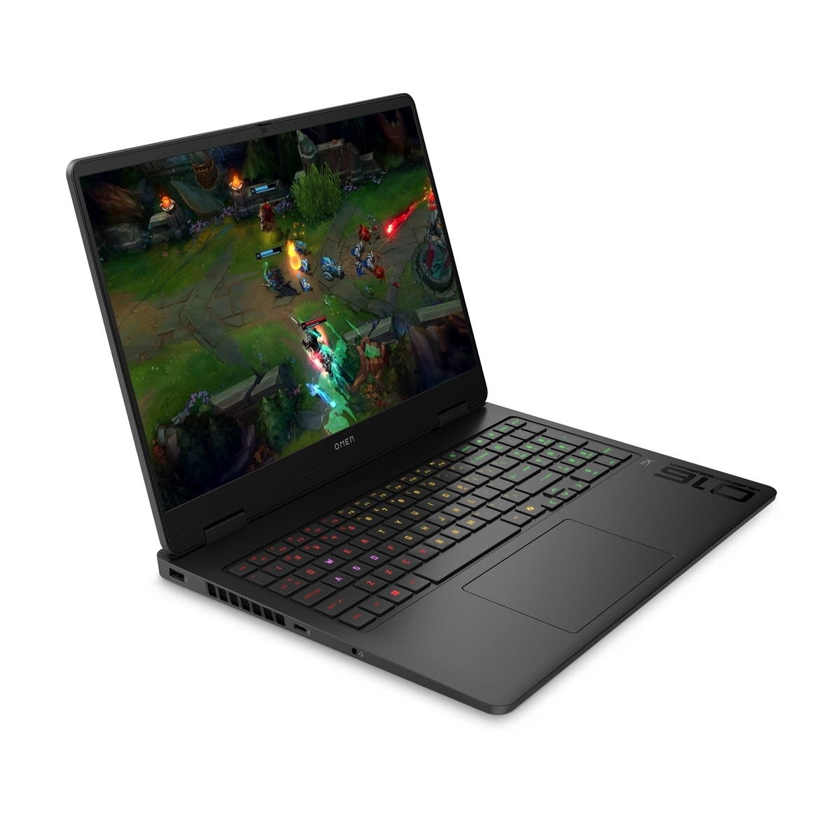 Portátil negro con teclado iluminado muestra un videojuego en pantalla.