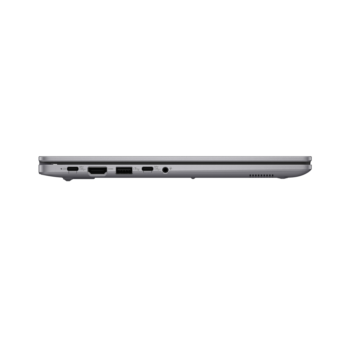 Vista lateral de un portátil plateado con puertos: tarjeta SD, HDMI, USB-C, auriculares.