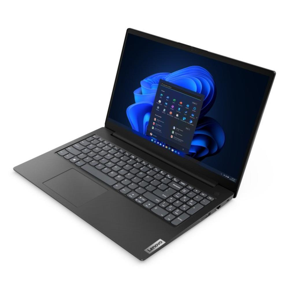 Un portátil Lenovo negro con la pantalla abierta, mostrando Windows 11 con fondo de ondas azules.