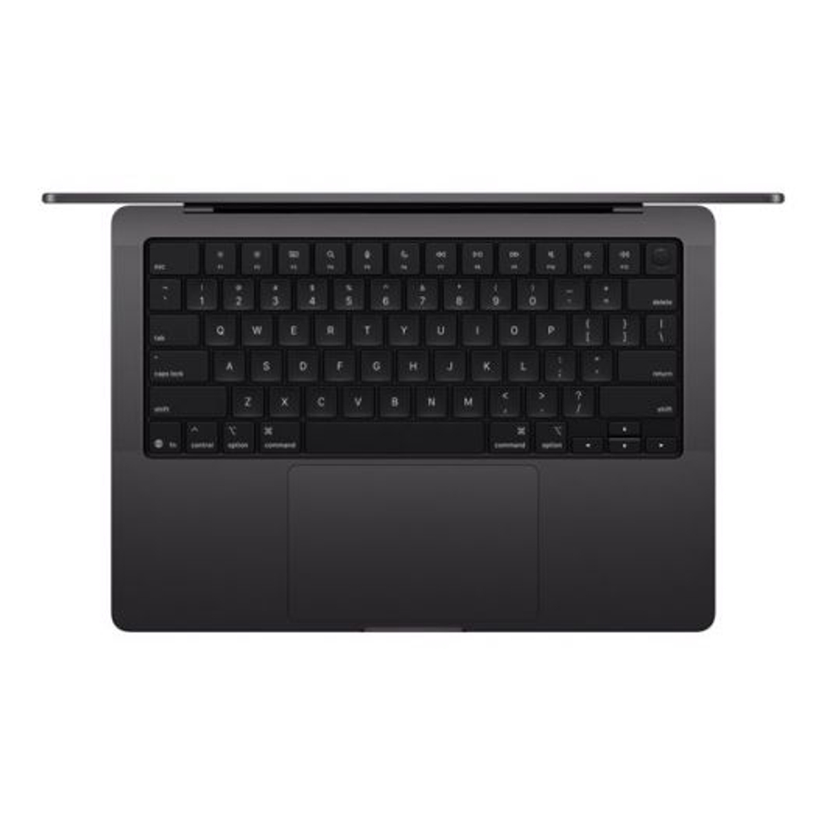 Vista superior de un MacBook oscuro, mostrando teclado y trackpad.