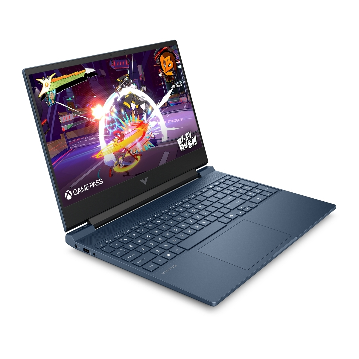 Laptop HP Victus azul mostrando el colorido juego de acción 'Hi-Fi Rush'.