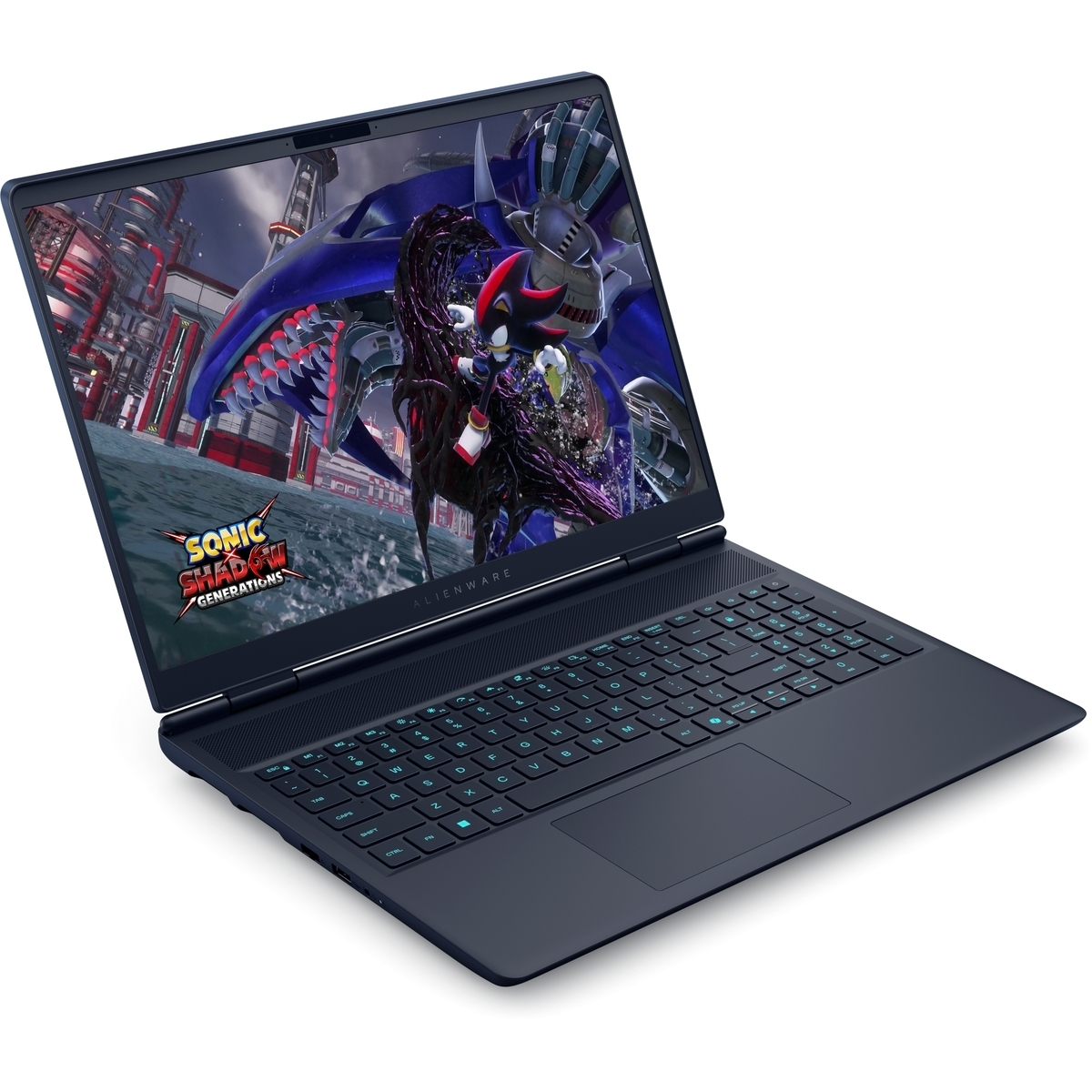 Un portátil Alienware azul oscuro muestra el juego 'Sonic Shadow Generations'.