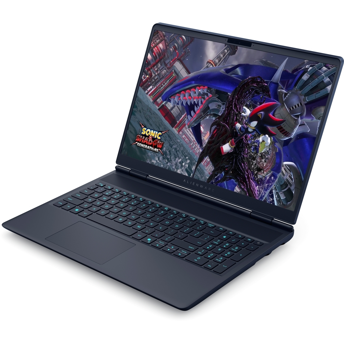 Portátil Alienware azul oscuro muestra un juego con Shadow the Hedgehog y una criatura azul.