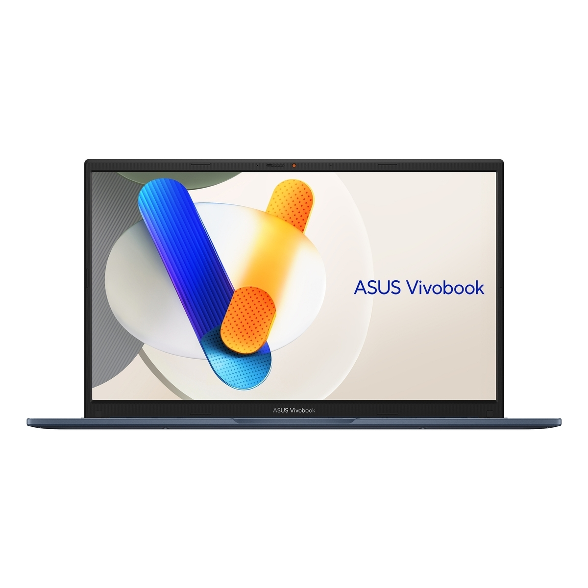 Un portátil ASUS Vivobook azul muestra un fondo de pantalla abstracto y colorido.