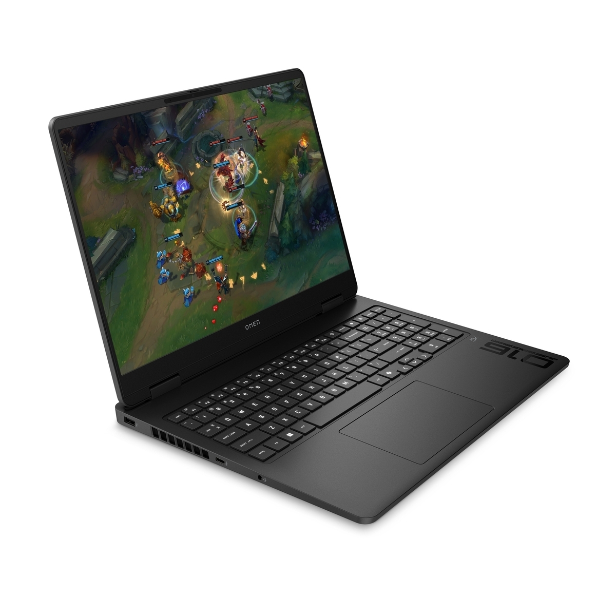 Portátil gaming negro con pantalla abierta mostrando el juego League of Legends.