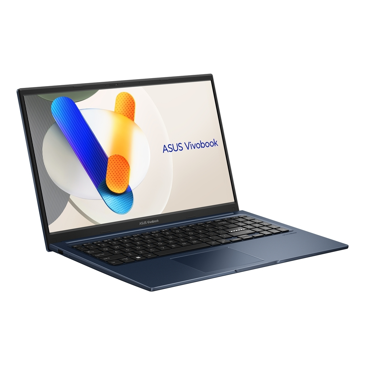 Un portátil ASUS Vivobook azul oscuro con teclado y touchpad sobre fondo blanco.