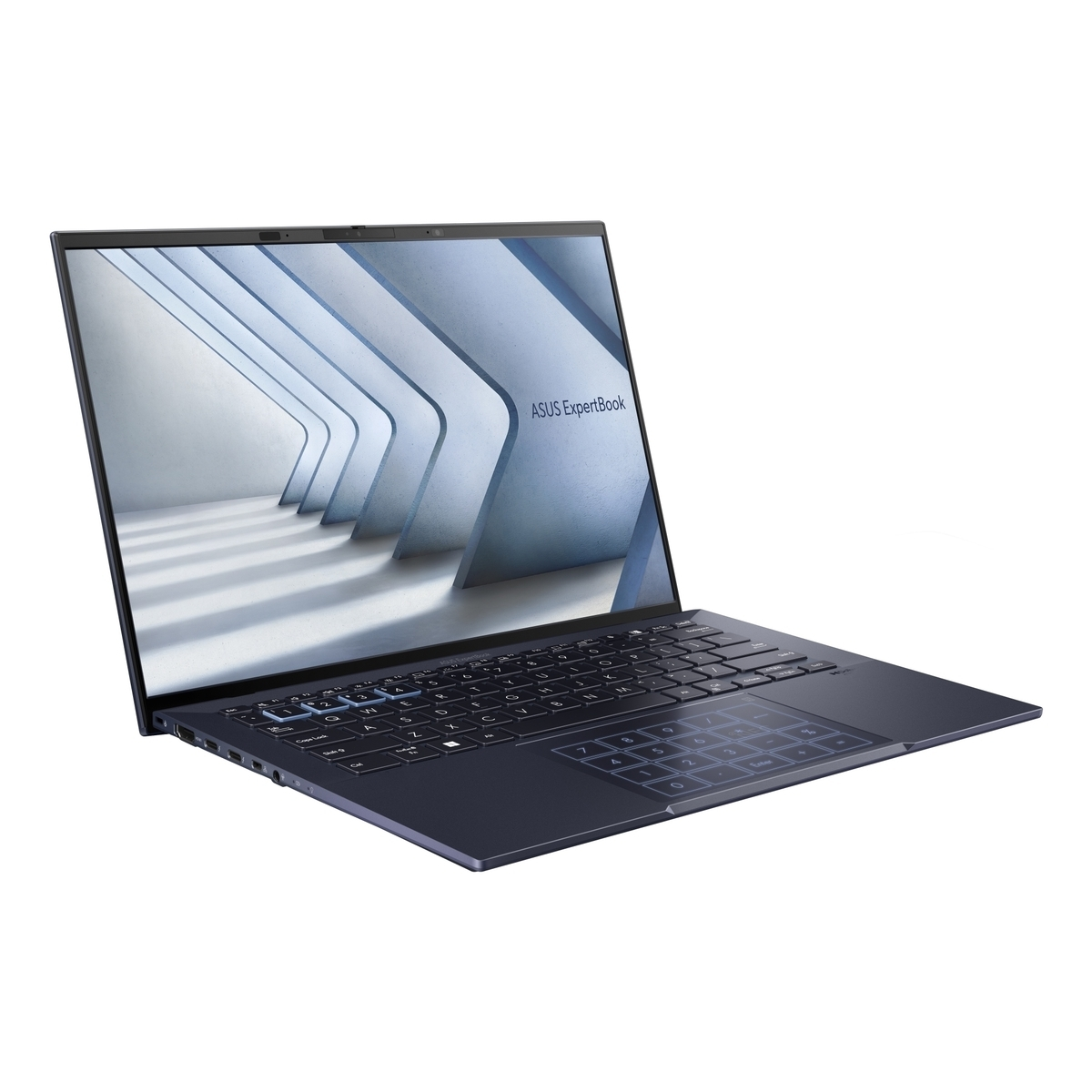 Portátil ASUS ExpertBook azul oscuro con teclado iluminado y teclado numérico.