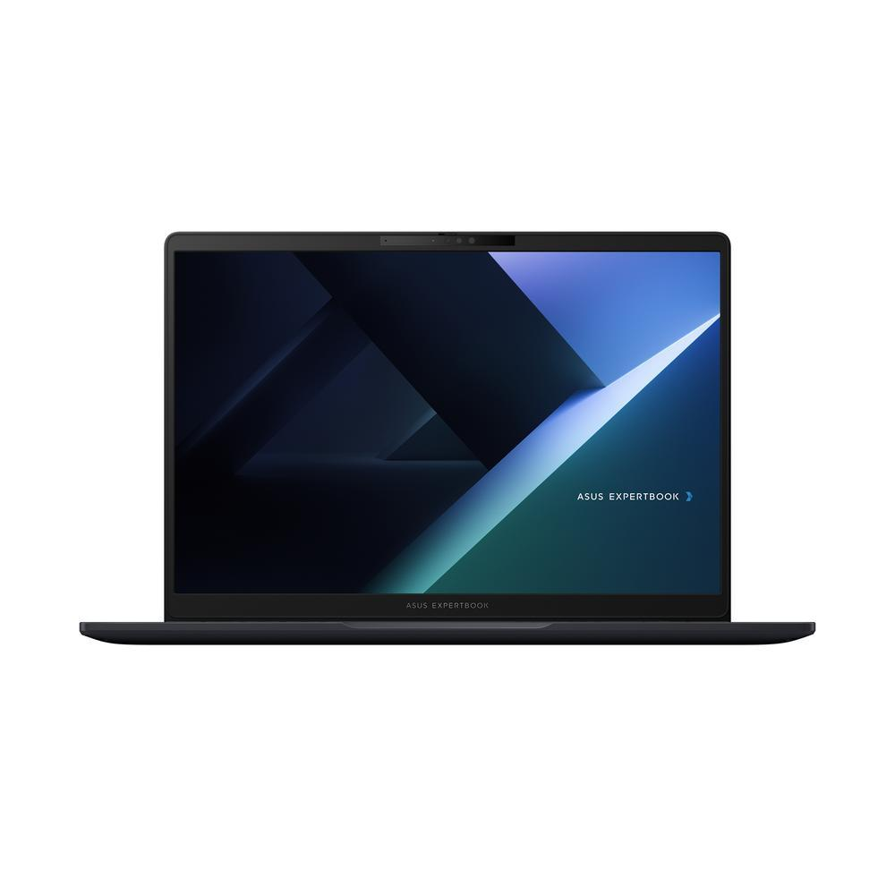Un portátil Asus ExpertBook negro con un fondo abstracto azul y verde en la pantalla.