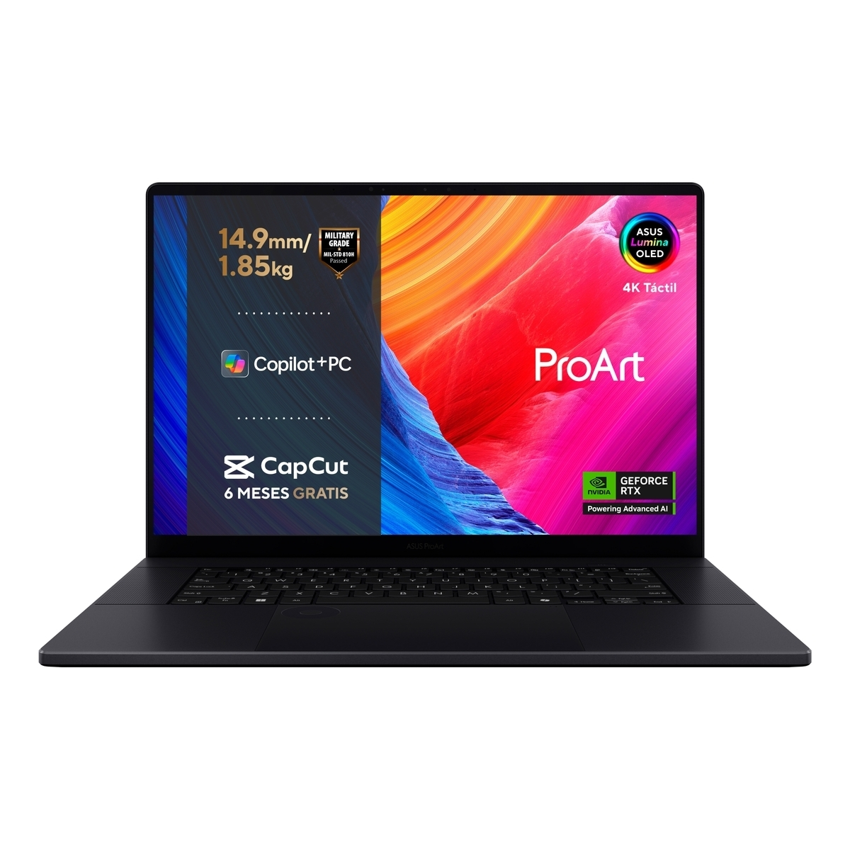 Portátil ASUS ProArt negro, 14,9mm de grosor, 1,85kg, pantalla táctil OLED 4K.