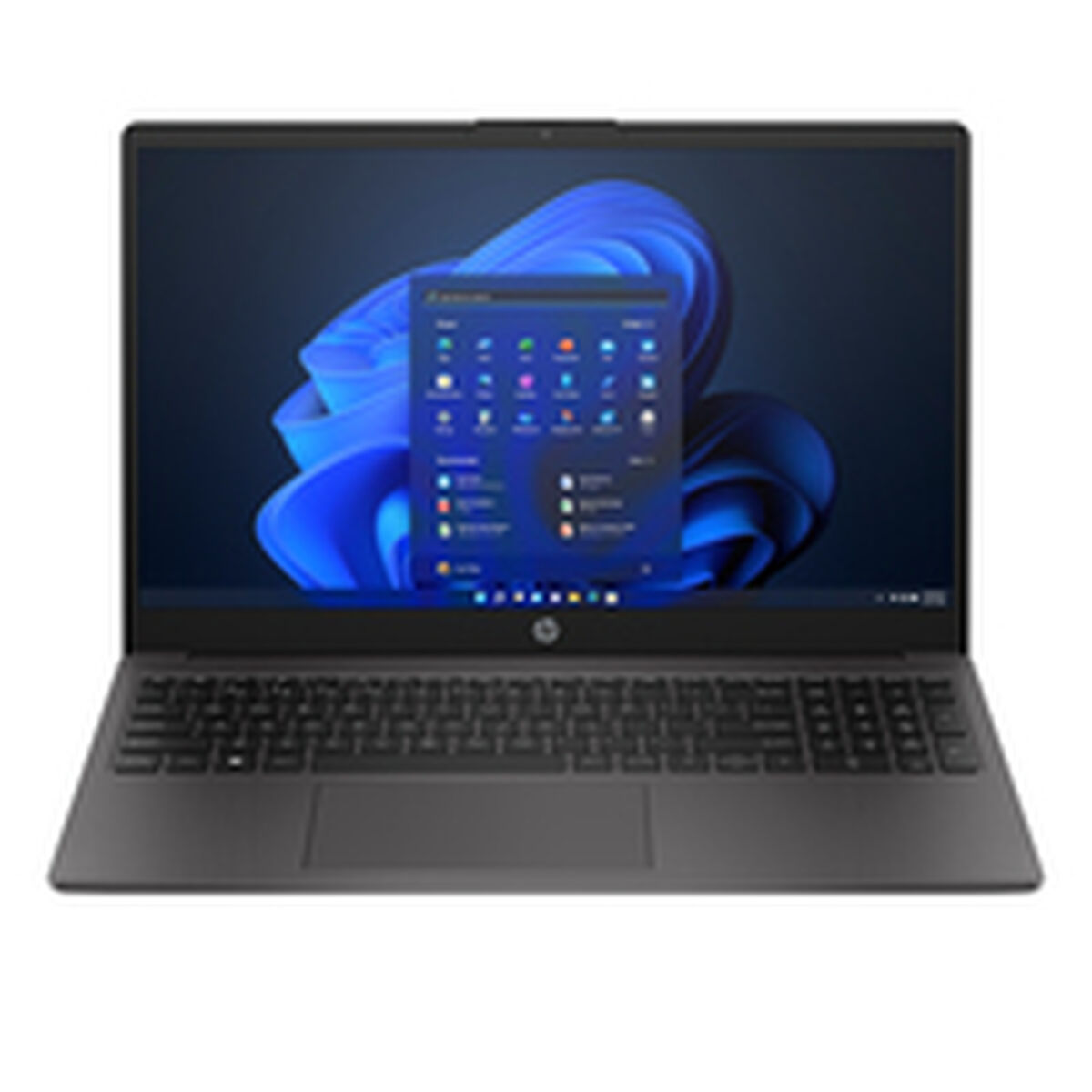 Ciemny laptop z niebieską tapetą i otwartym menu.