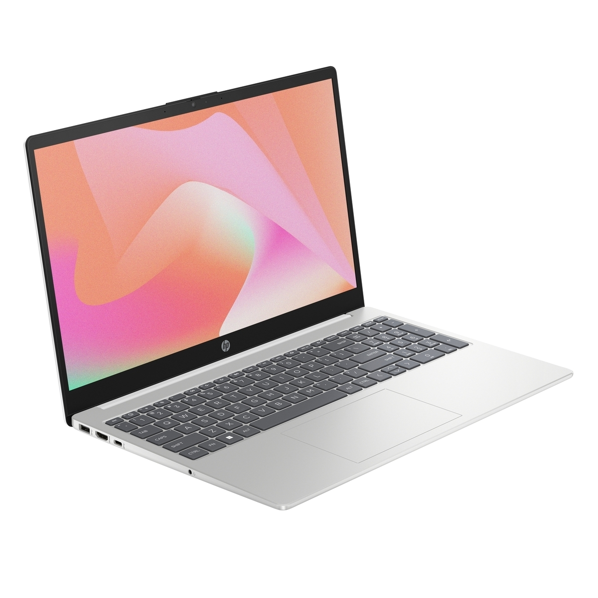 Un portátil plateado con teclado y panel táctil sobre fondo blanco.