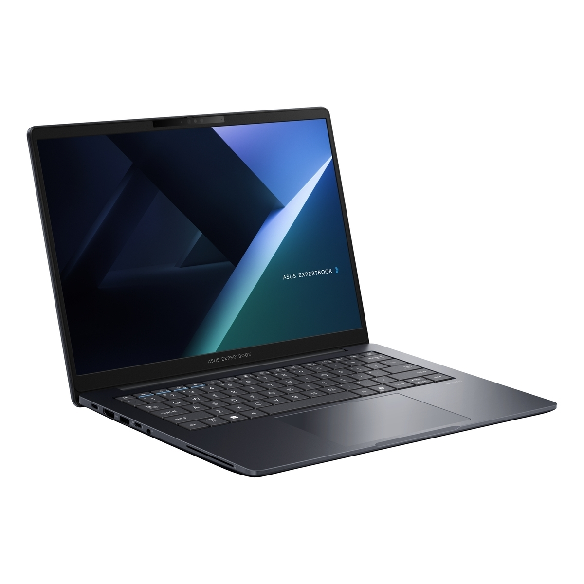 Un portátil Asus Expertbook oscuro con teclado retroiluminado, sobre fondo blanco.
