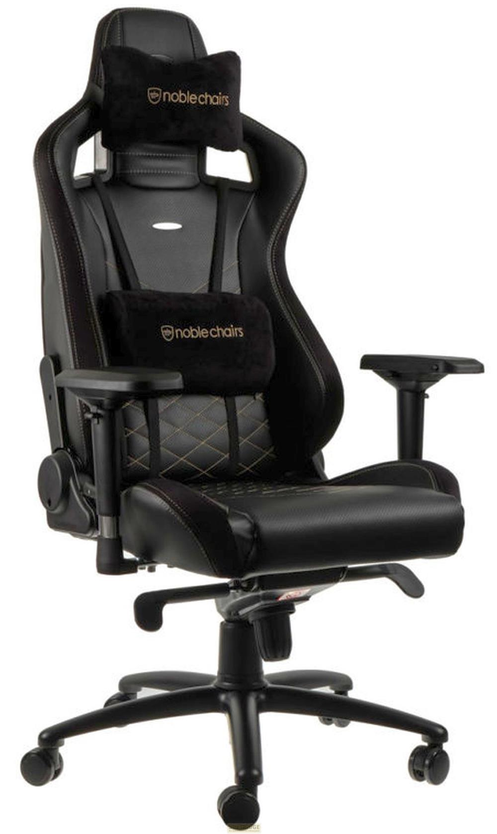 Zwarte noblechairs gamestoel met lendekussen en neksteun, witte achtergrond.