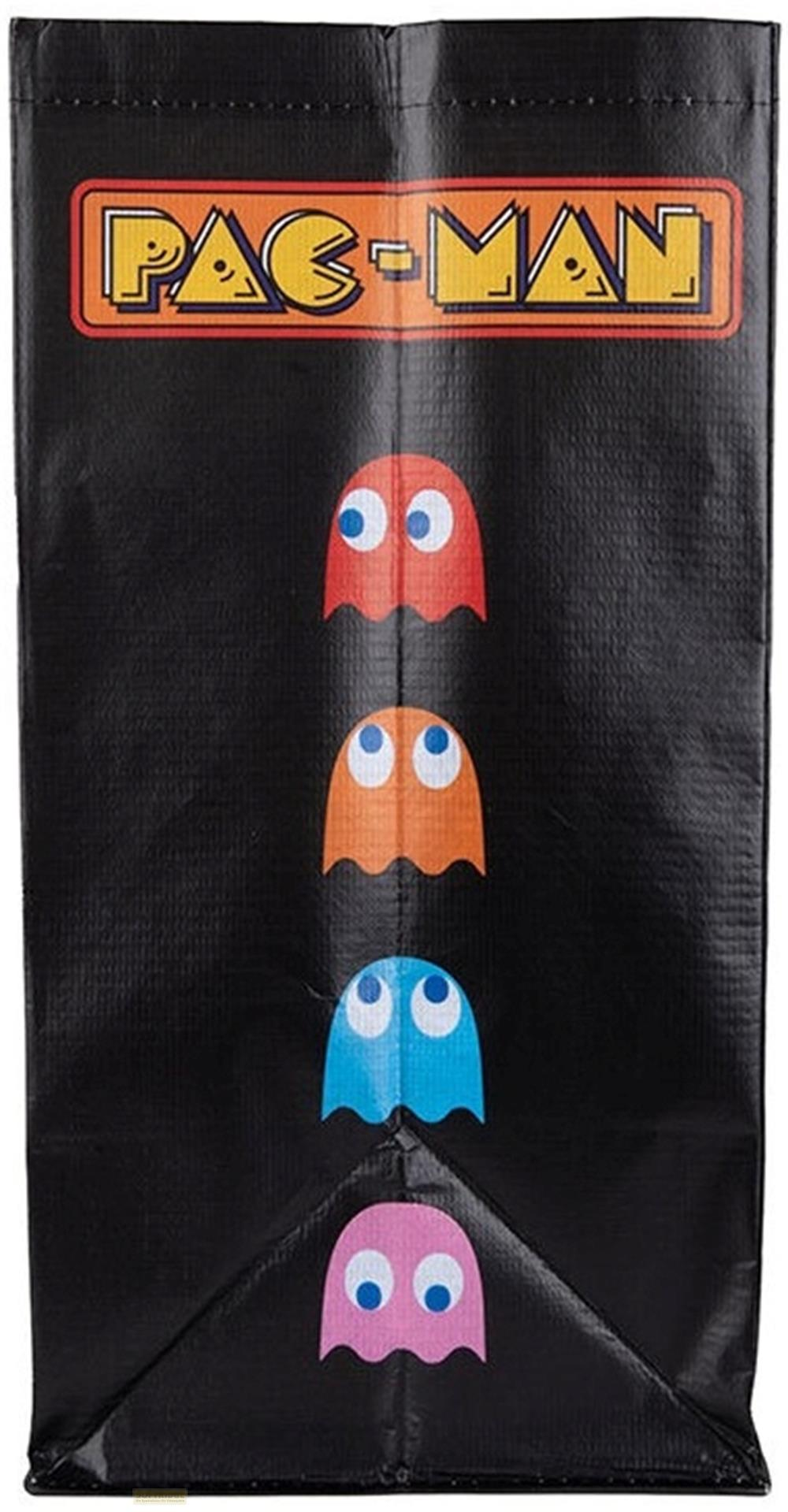 Schwarze Tasche mit Pac-Man-Logo und vier Geisterfiguren in Rot, Orange, Blau und Rosa.