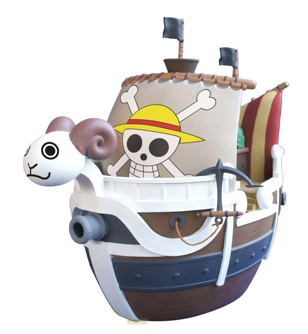 Ein Piratenschiff mit einem Schafkopf-Bug und dem Jolly Roger auf dem Segel.