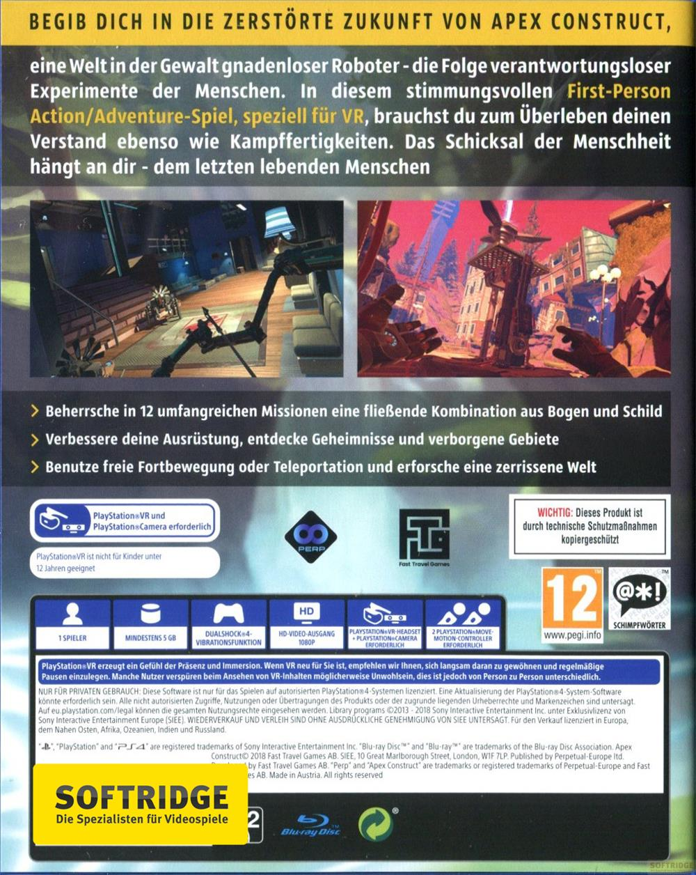 Cover eines Videospiels mit Text und Bildern von VR-Welten und Robotern.