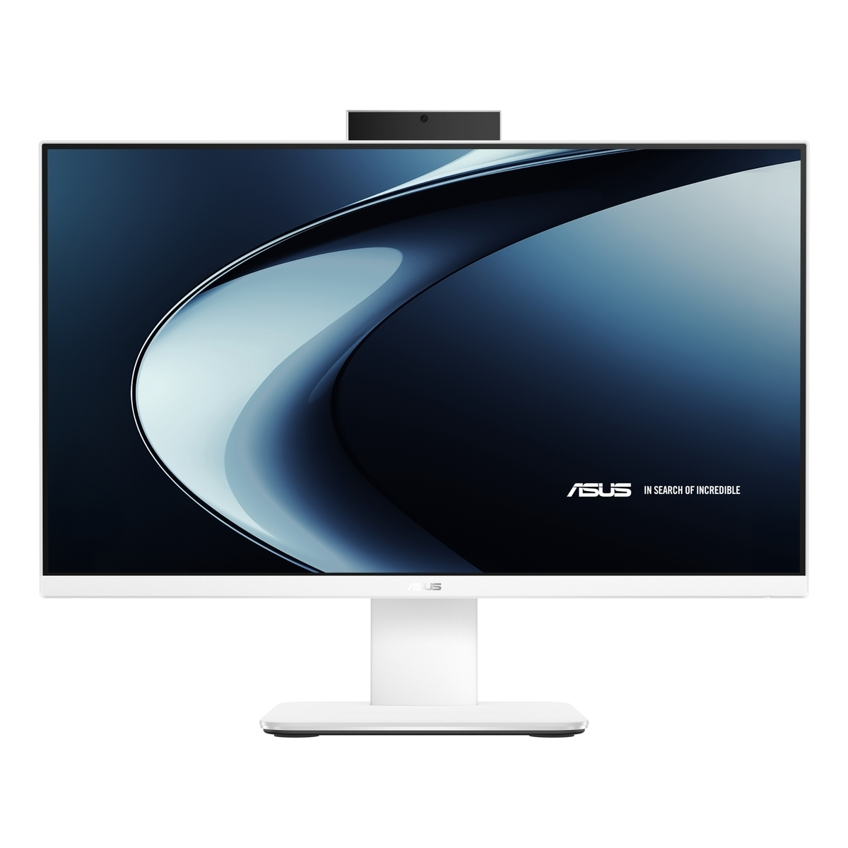 PC All-in-One Asus bianco con fotocamera in cima e sfondo elegante.