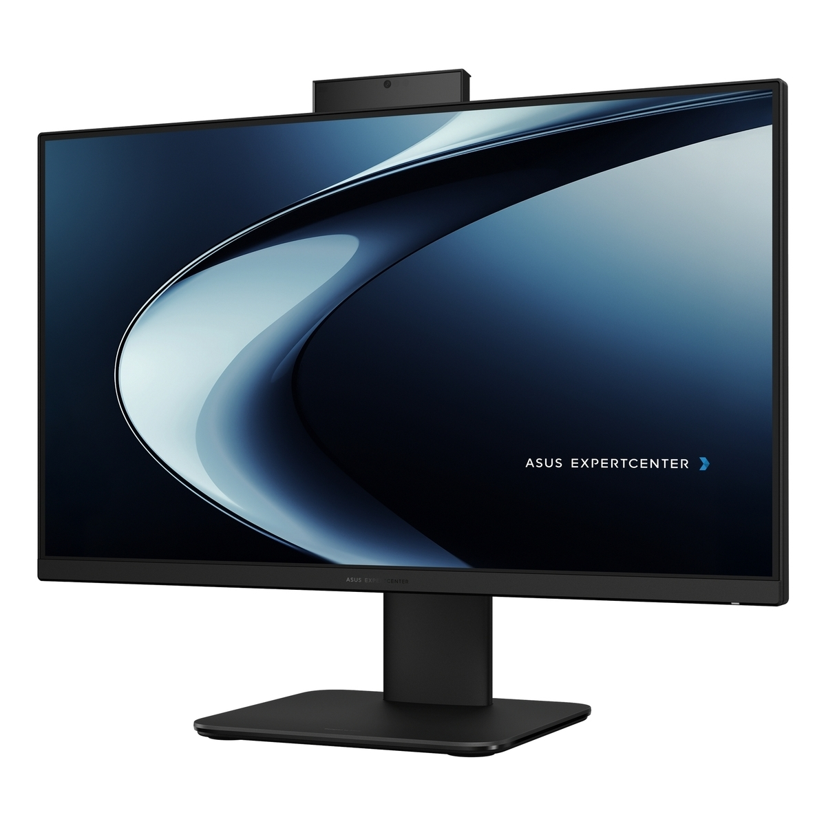 Monitor negro con cámara sobre un soporte. Gráfico azul abstracto en pantalla.