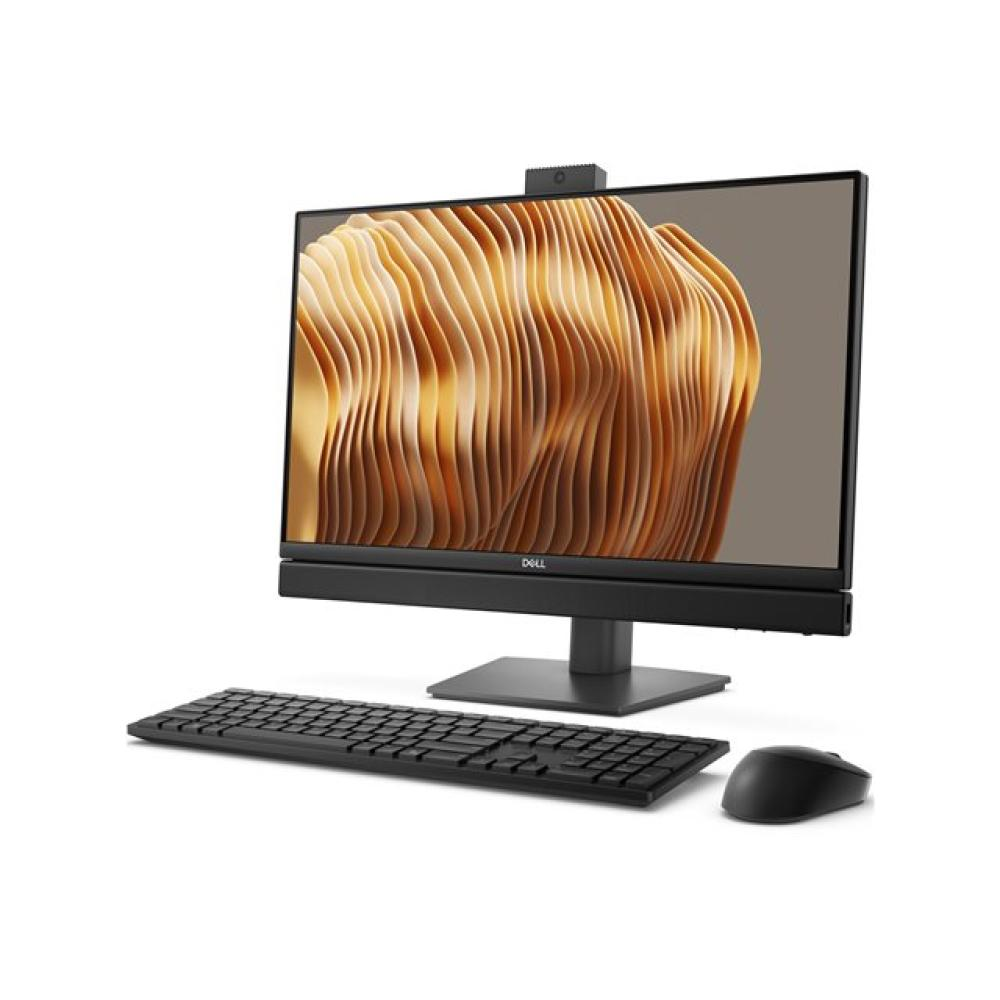 Un ordenador Dell All-in-One negro con teclado y ratón sobre fondo blanco.