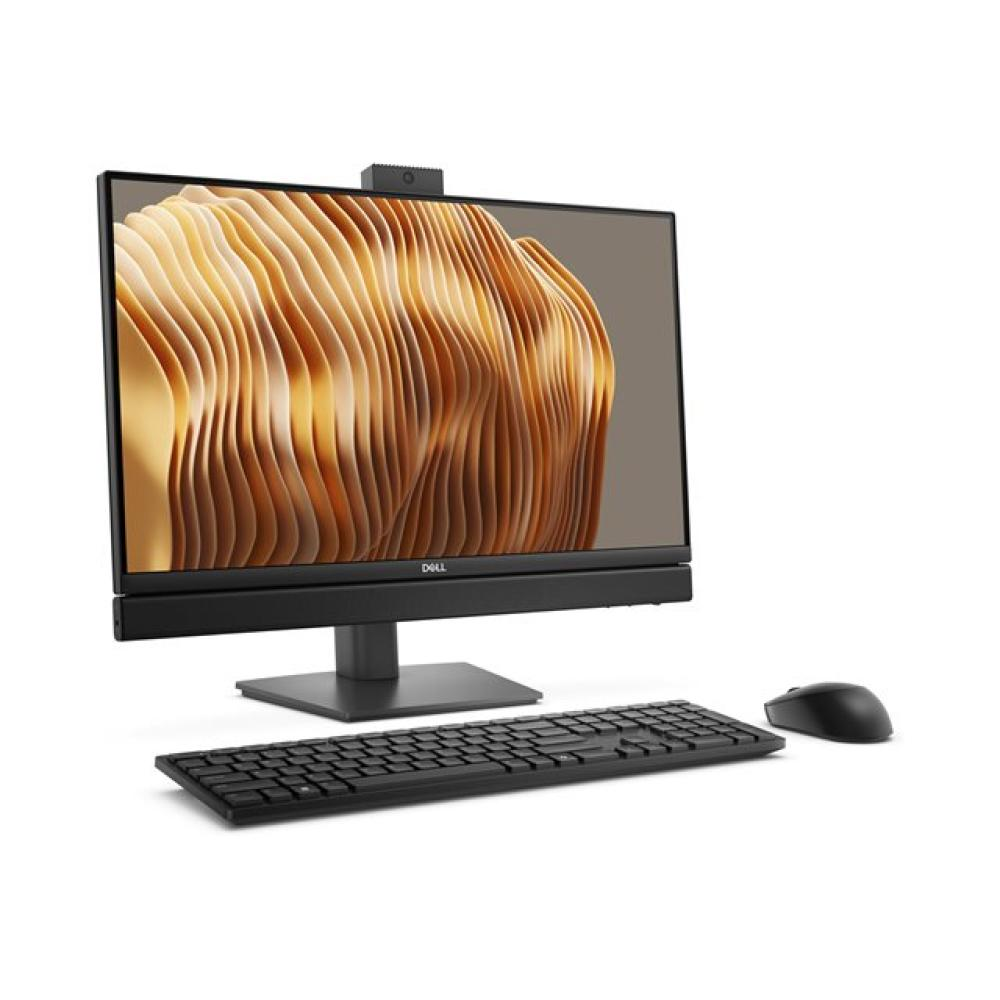 Un ordenador All-in-One Dell negro con teclado y ratón sobre fondo blanco.