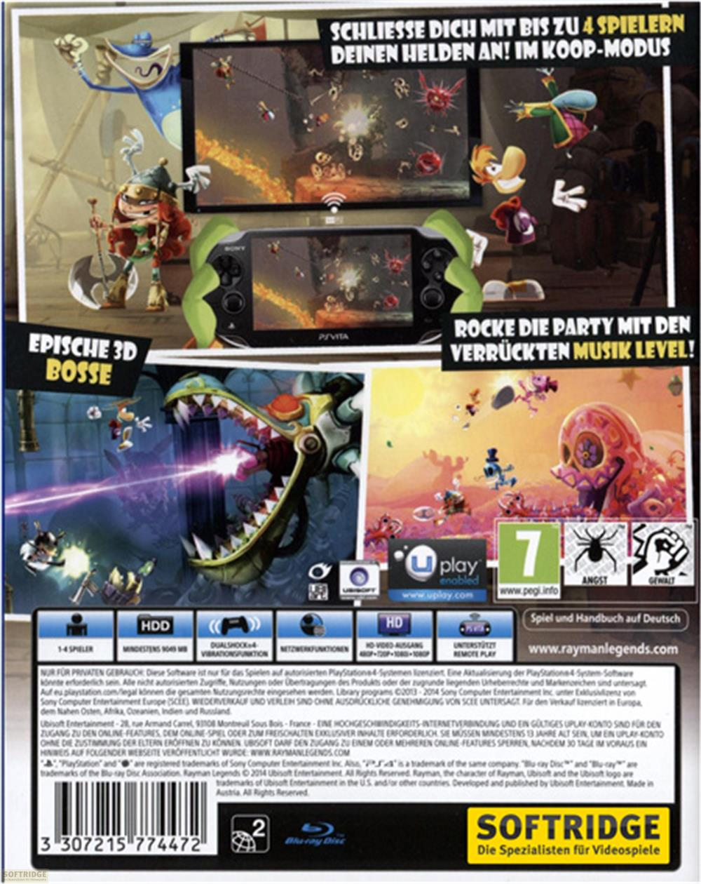 Rayman Legends Spielcover mit Charakteren, PS Vita und TV-Gameplay.