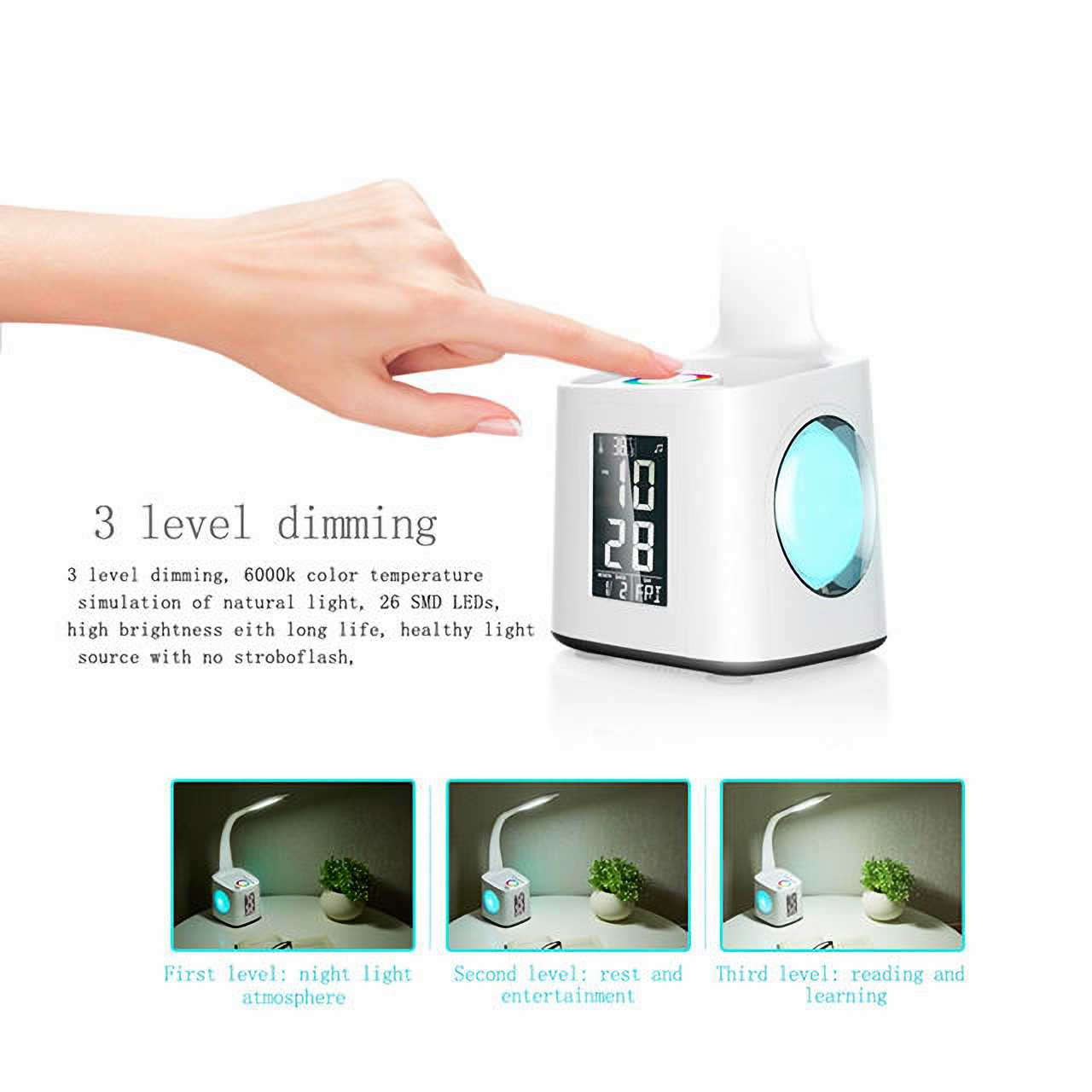 Ein Finger drückt auf eine weiße Lampe mit Digitalanzeige und blauem Licht.