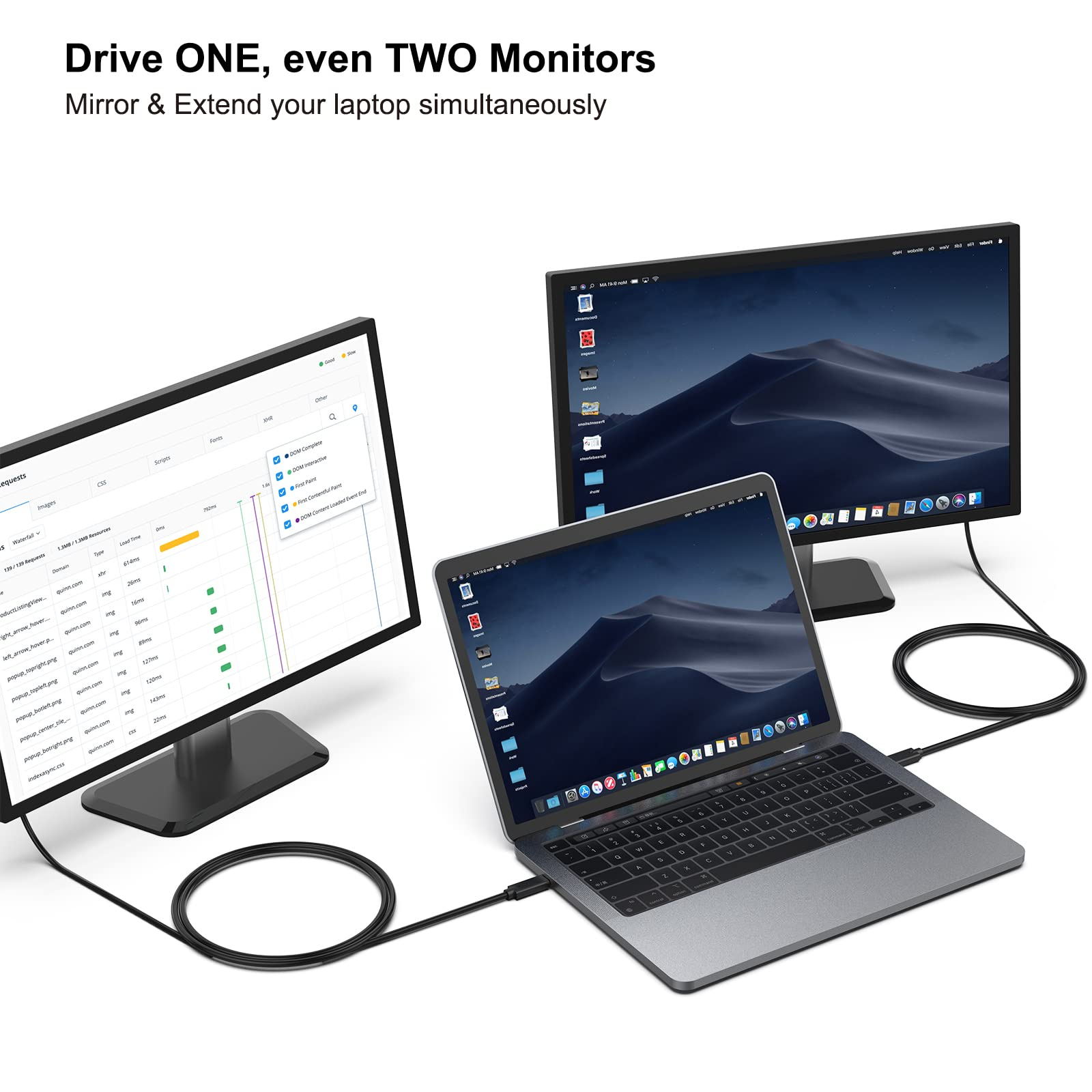 Ein Laptop ist über ein Kabel mit einem externen Monitor verbunden, der eine Wüstenlandschaft zeigt.