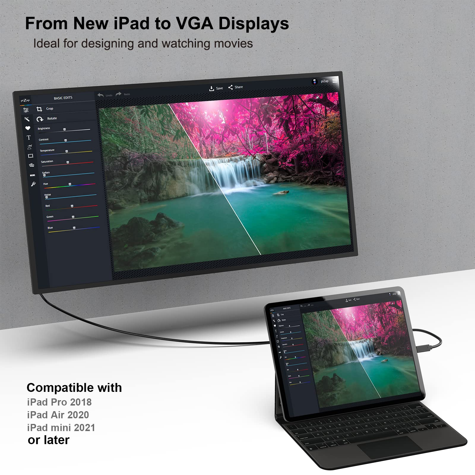 Ein iPad mit Tastatur zeigt ein Bildbearbeitungsprogramm, das mit einem größeren Monitor verbunden ist.