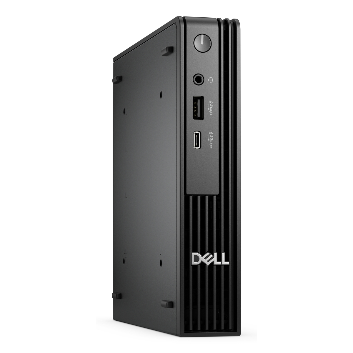 Un mini PC Dell nero con porte frontali e pulsante di accensione.