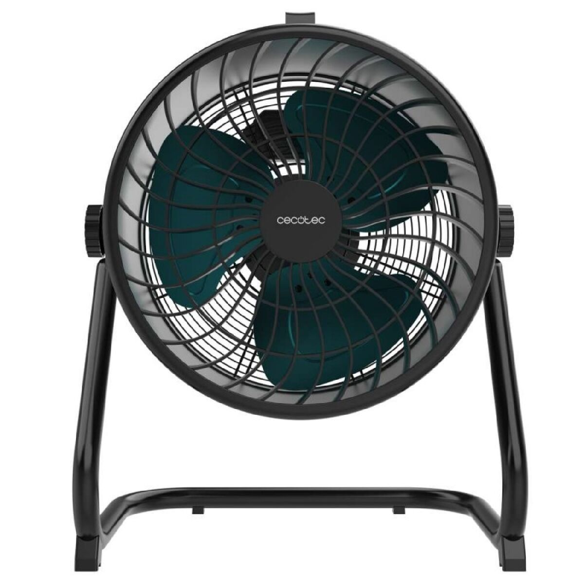Un ventilatore da tavolo nero con pale turchesi è appoggiato su un supporto in metallo nero.