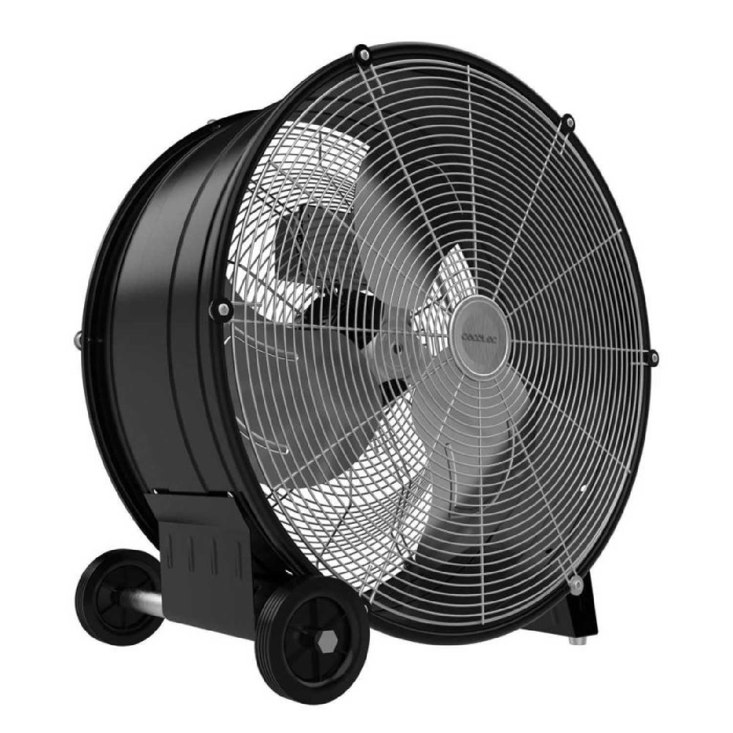 Ventilador industrial negro con ruedas y rejilla metálica.