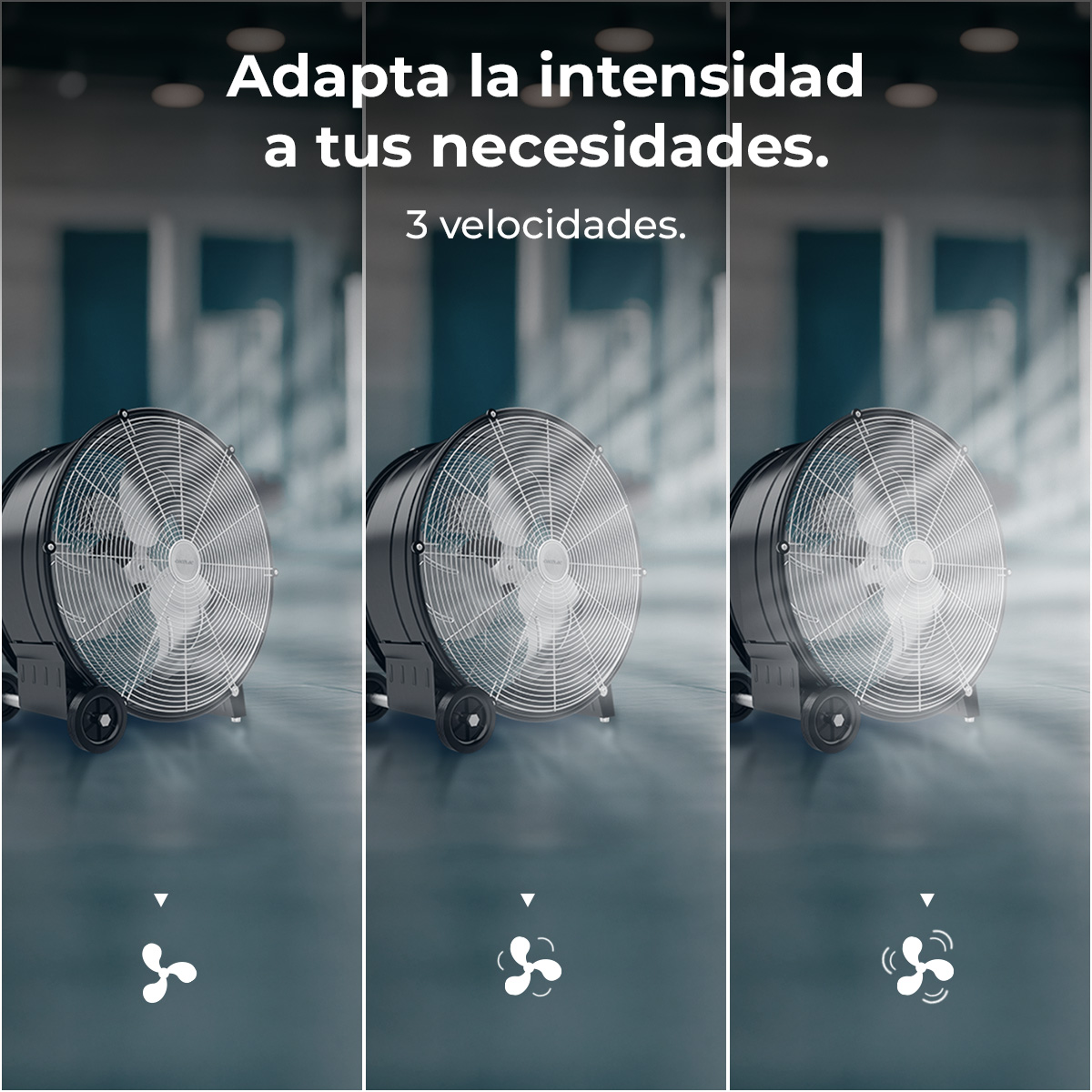 Tres ventiladores uno al lado del otro, mostrando distintas velocidades.