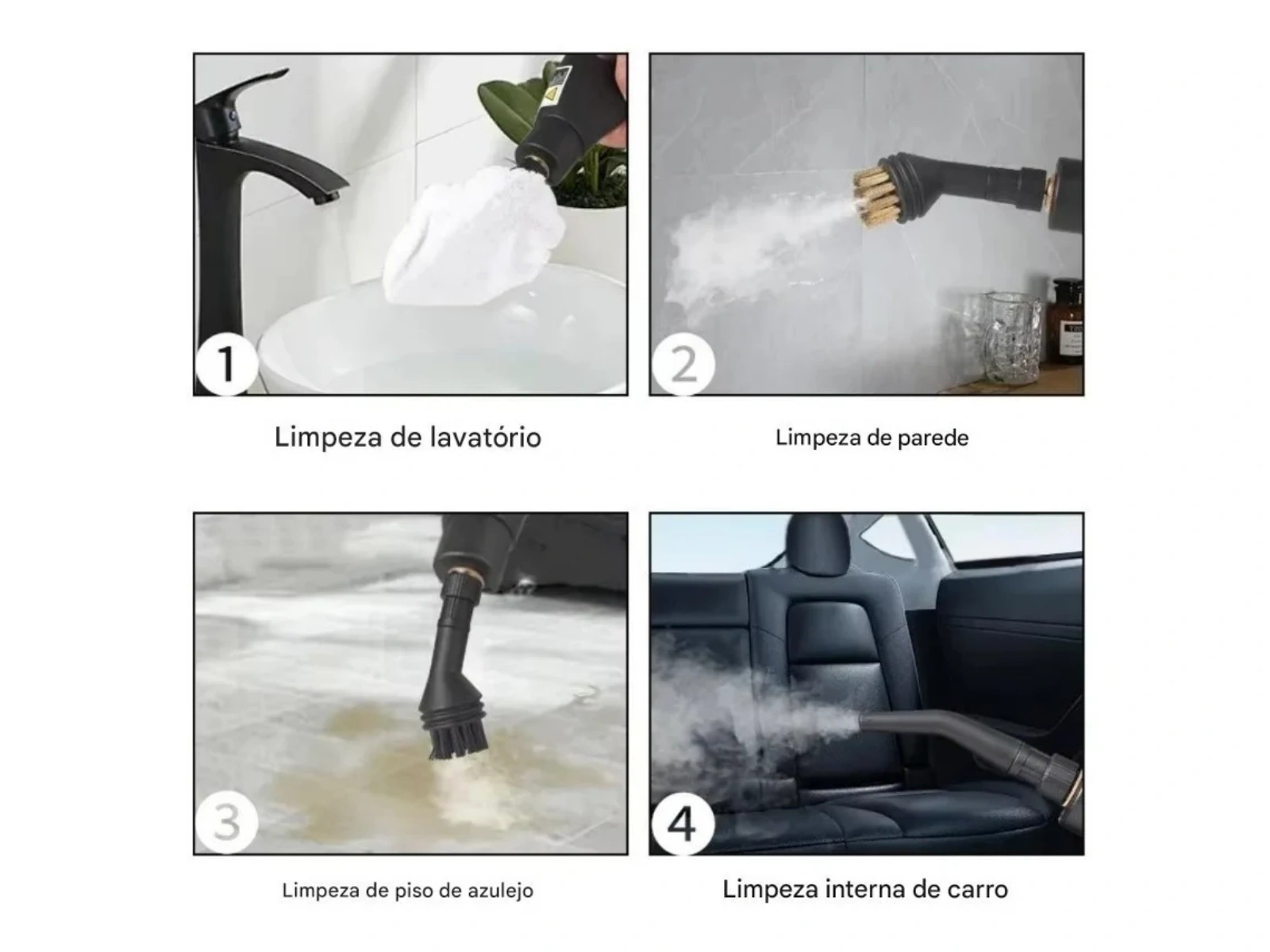 Vier Bilder zeigen die Reinigung von Waschbecken, Wänden, Fliesenböden und Autoinnenräumen mit einem Dampfreiniger.