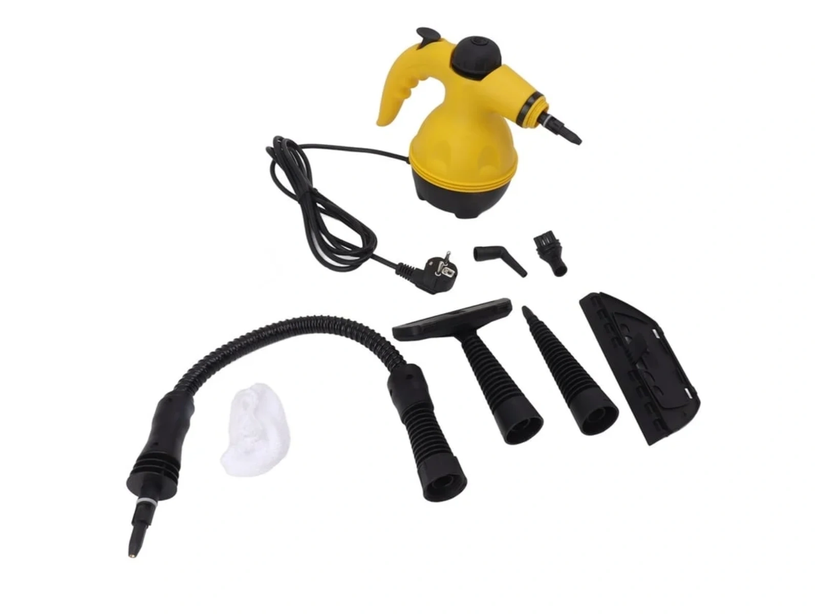 Gelber Dampfreiniger mit schwarzem Kabel und Zubehörteilen auf weißem Hintergrund.