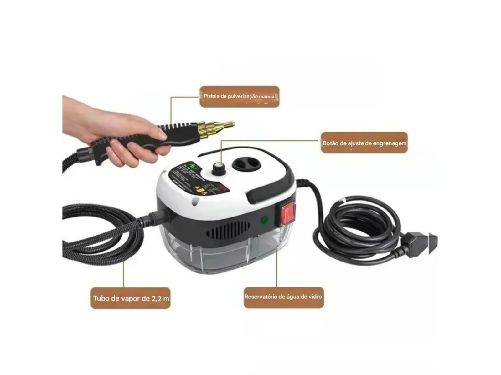 Dampfreiniger mit Handdüse, 2,2 m Schlauch, Glaswasserbehälter und Einstellknopf.