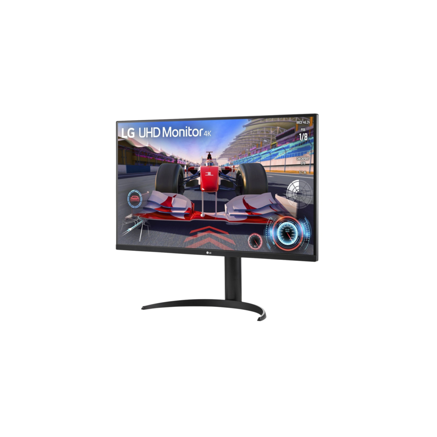 Monitor LG UHD 4K pokazuje grę wyścigową z czerwonym bolidem F1 na torze.