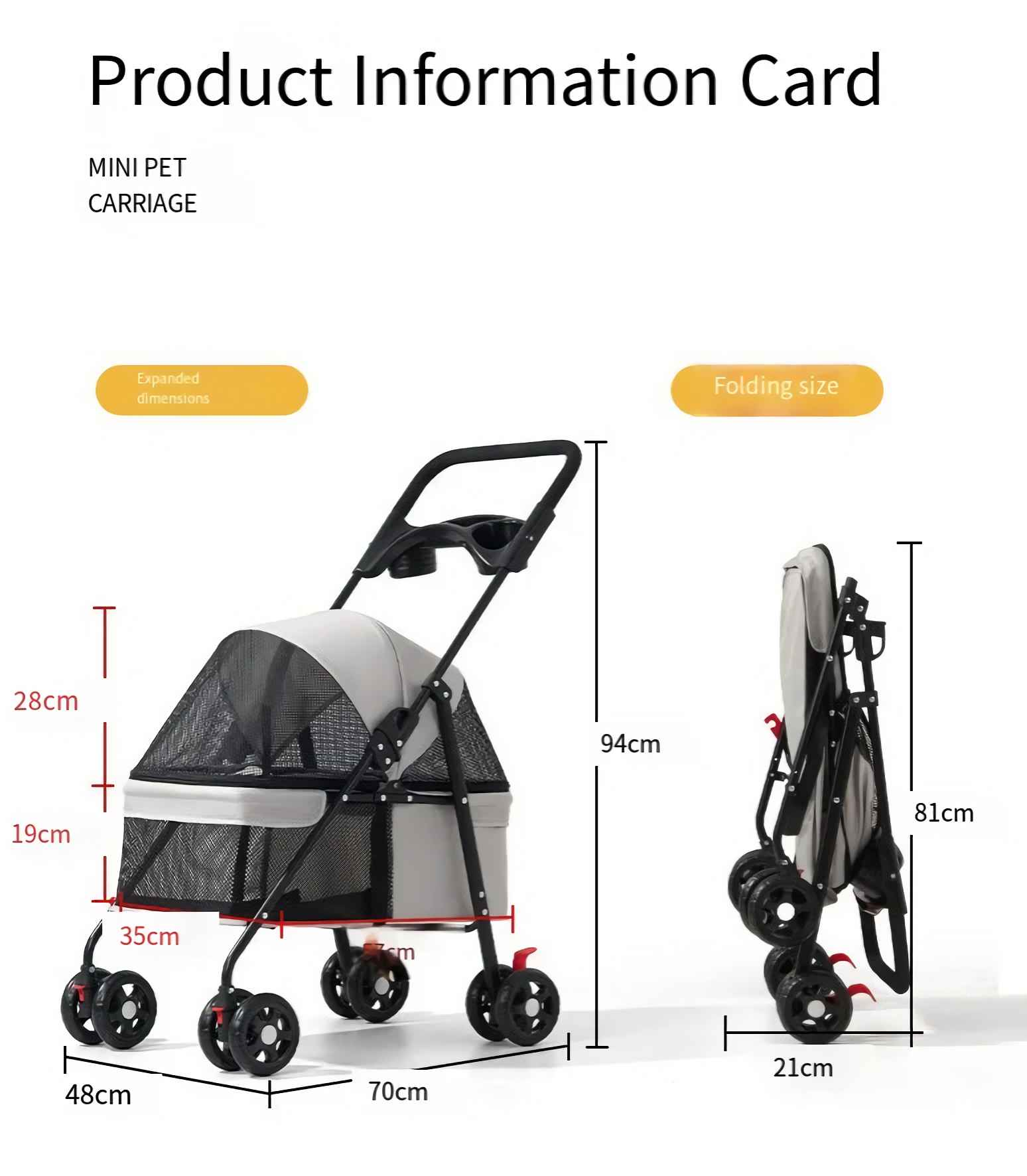 Ein ausklappbarer Kinderwagen für Haustiere mit Maßen und gefalteter Ansicht.