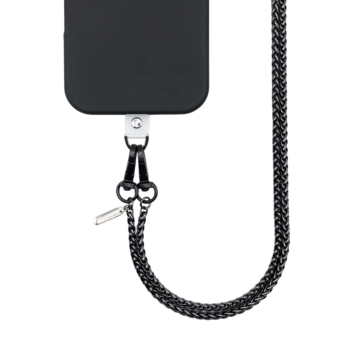 Schwarzes Handyhülle mit Kette und zwei Clips.