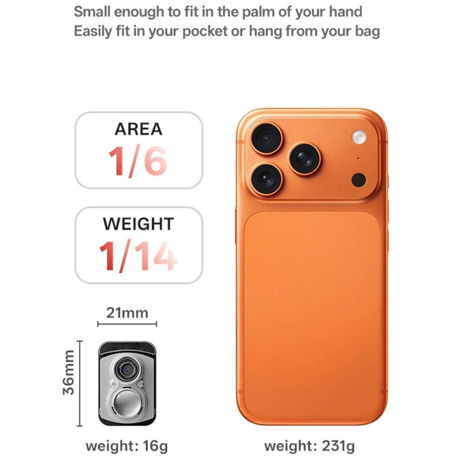 Orange Handy, Kamera-Modul, Maße und Gewichte. Kleine Größe.