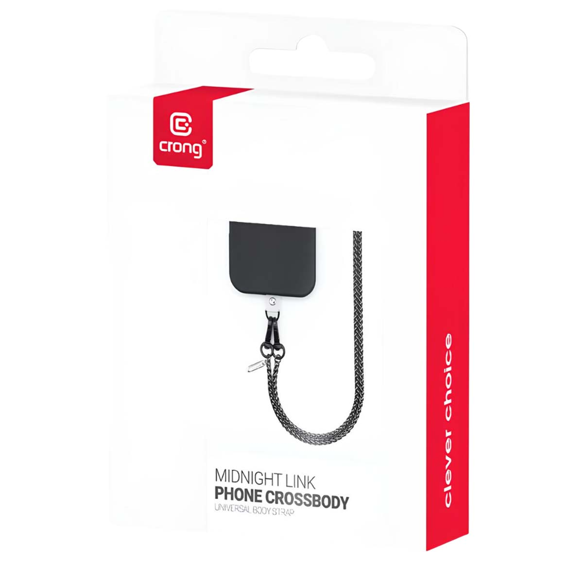 Verpackung für ein schwarzes Handy-Umhängeband mit silbernen Details.