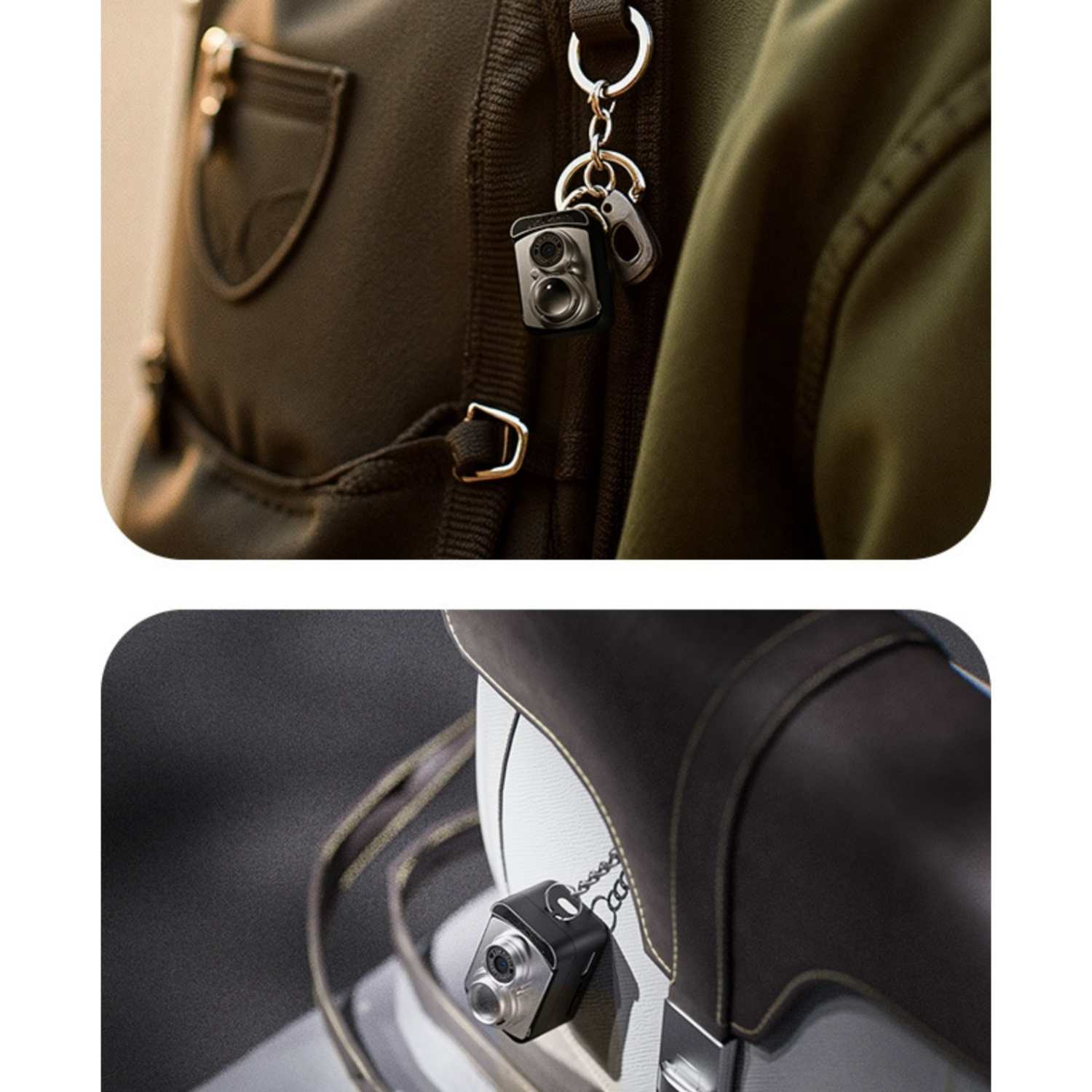 Schlüsselanhänger in Form einer Kamera an einer Tasche und einem Motorradsitz.