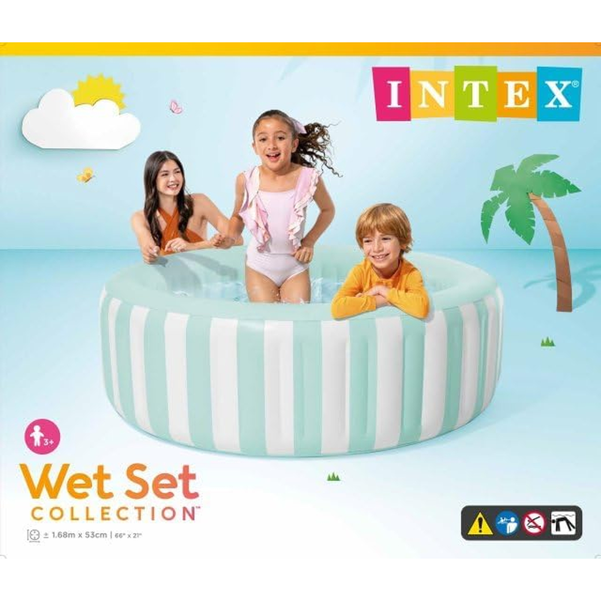 Drei Kinder in einem aufblasbaren Pool mit Streifenmuster. Palmen im Hintergrund.