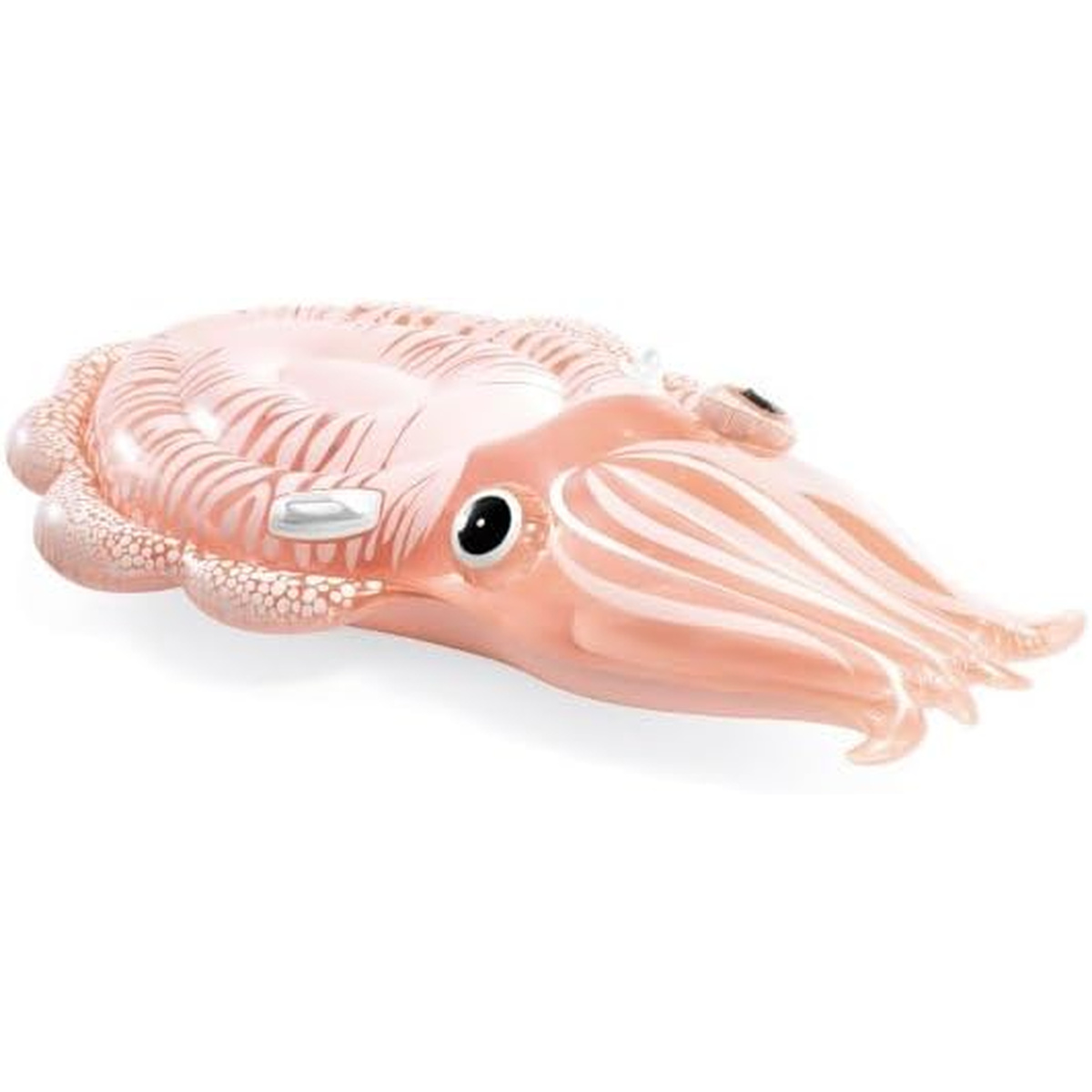 Ein aufblasbares, hellrosa Tintenfisch-Schwimmtier mit weißen Streifen.