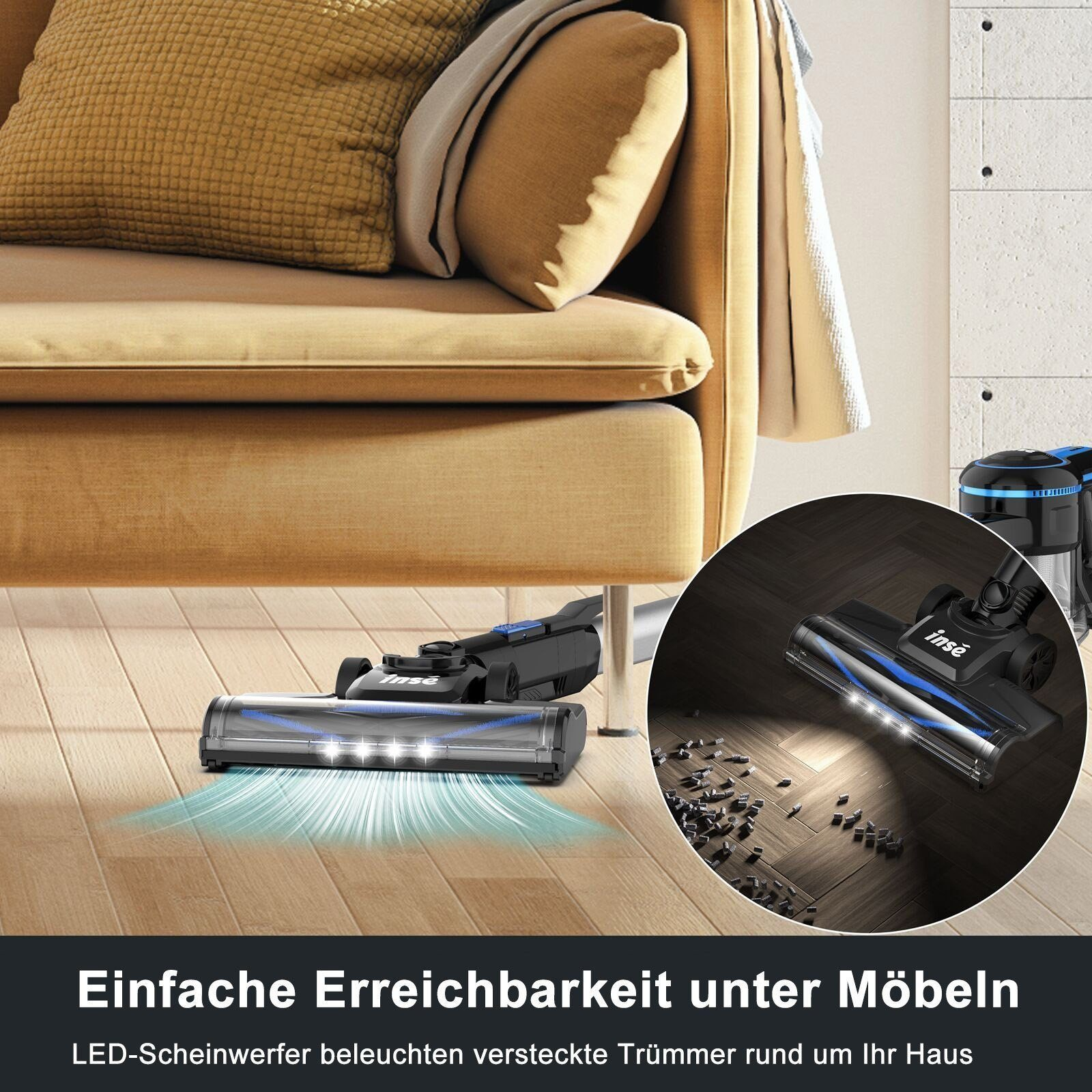 Staubsaugerbürste mit LED-Lichtern reinigt unter einem Sofa auf Holzboden.