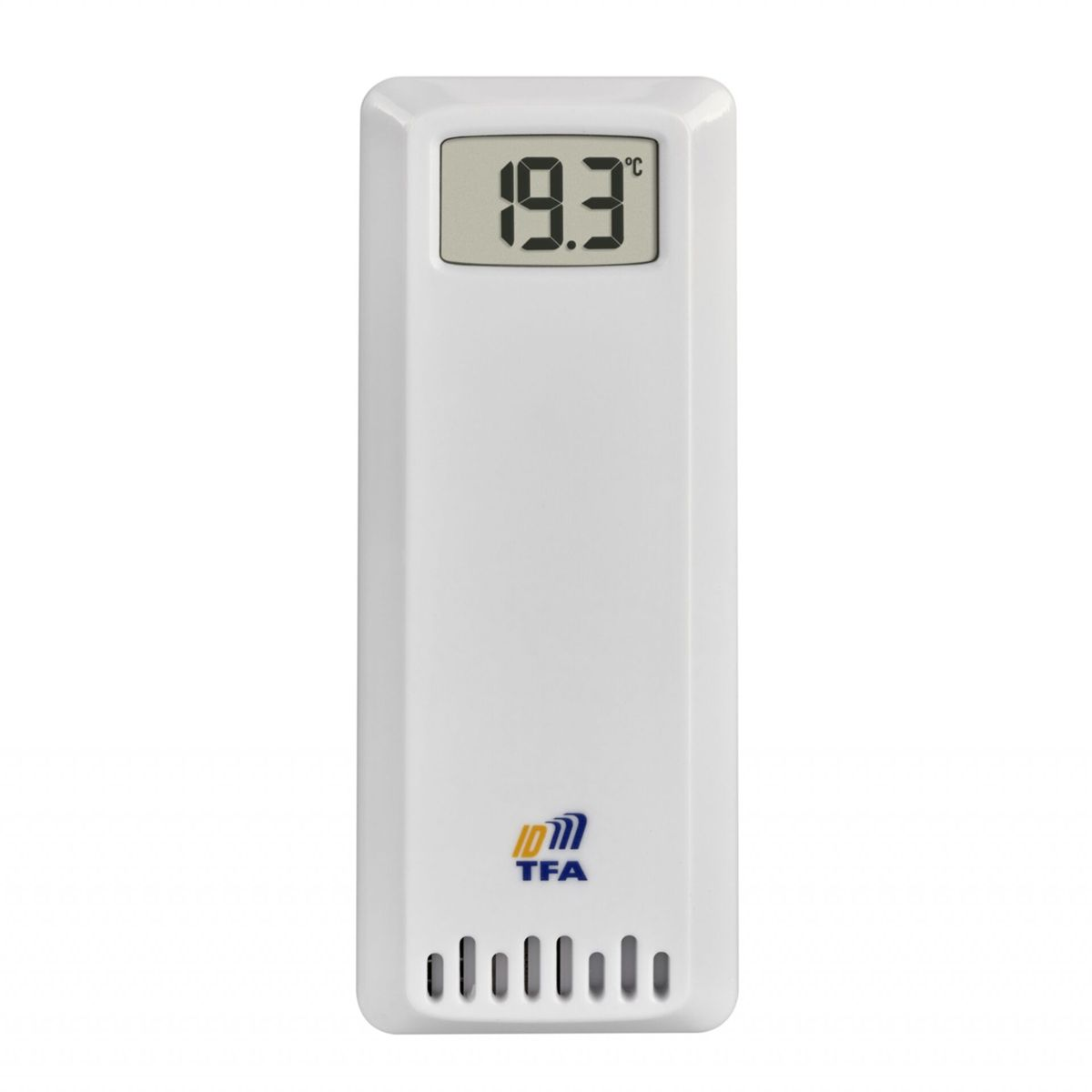 Ein weißes digitales Thermometer zeigt 19,3 Grad Celsius an.
