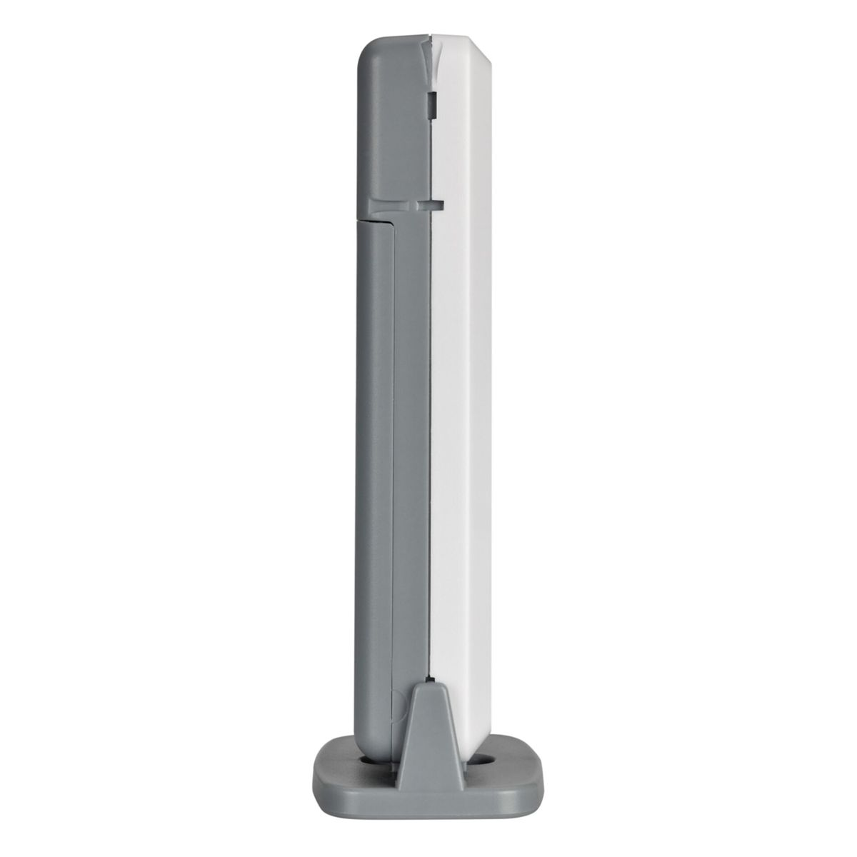Ein graues und weißes digitales Thermometer steht auf einem grauen Ständer.