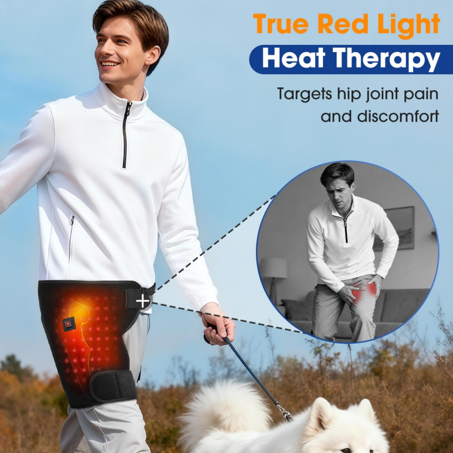 Mann mit Heizkissen am Oberschenkel, Gassi gehend mit Hund. "True Red Light Heat Therapy"